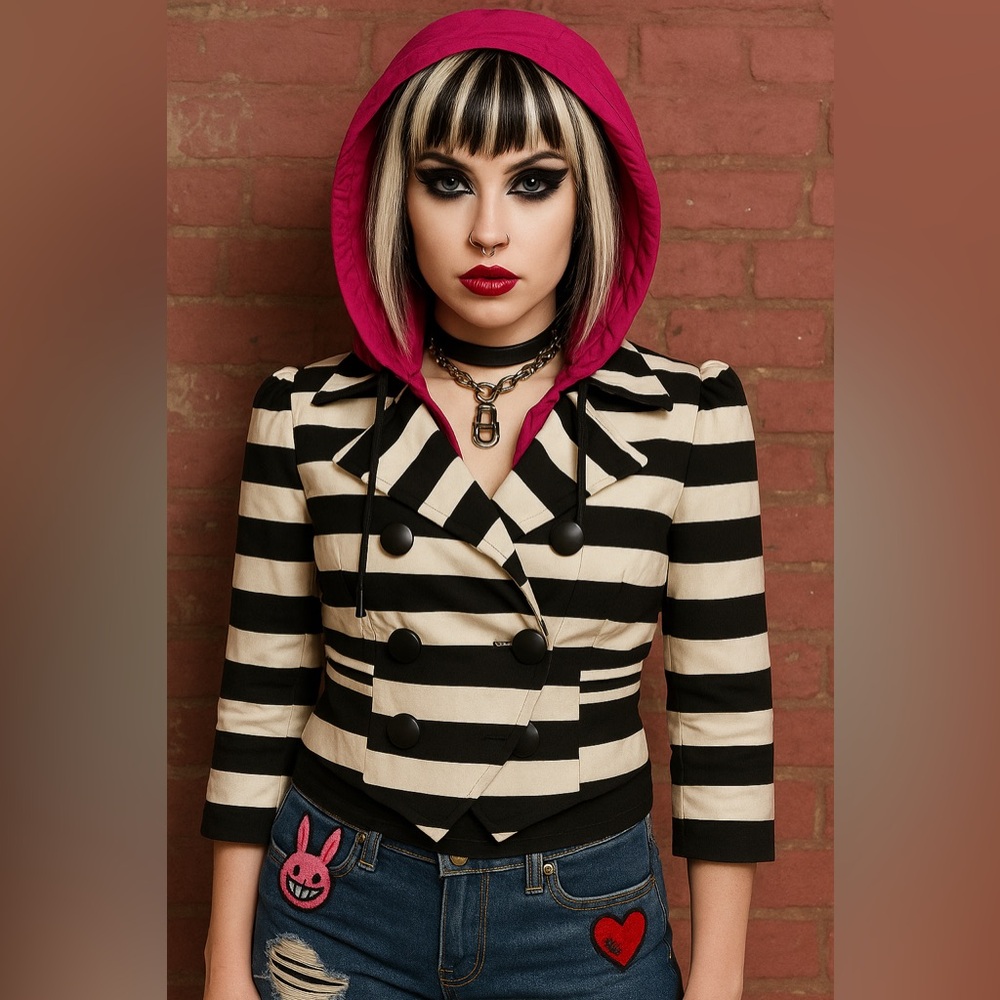 SUGARFLY Technicolor Mod Striped Blazer Jacket Windbreaker Hoodie White Black M
